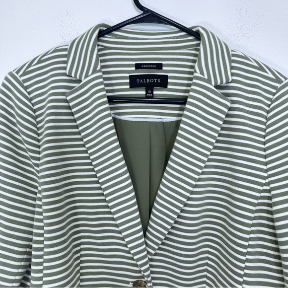 Talbots Size 10 Sweater Blazer Green Cream Striped Soft Cotton Aberdeen Casual - Picture 7 of 9